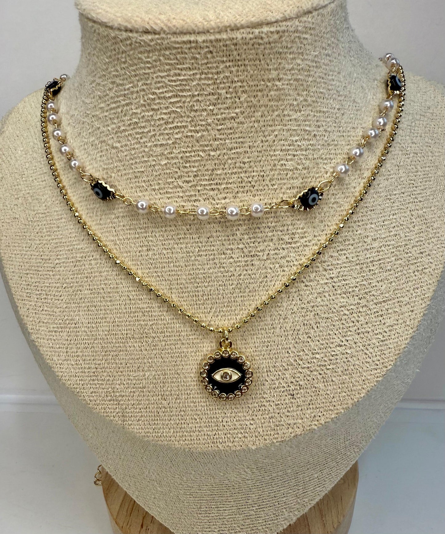 Gargantilla Doble “Perla Protectora” – Ojo Turco Negro