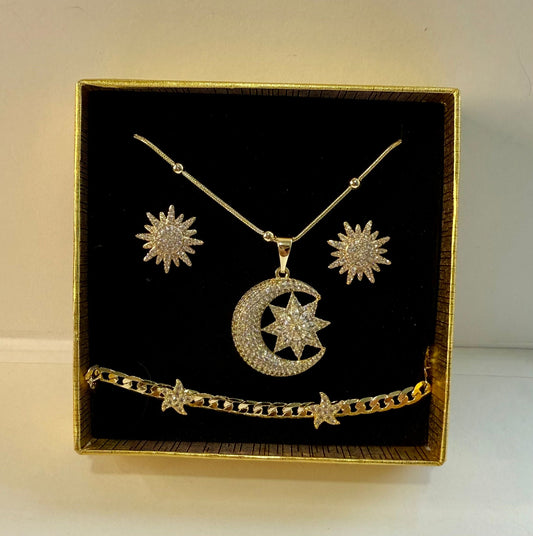 Set Luna & Estrellas – Collar, Aretes y Pulsera en Oro Laminado 14k