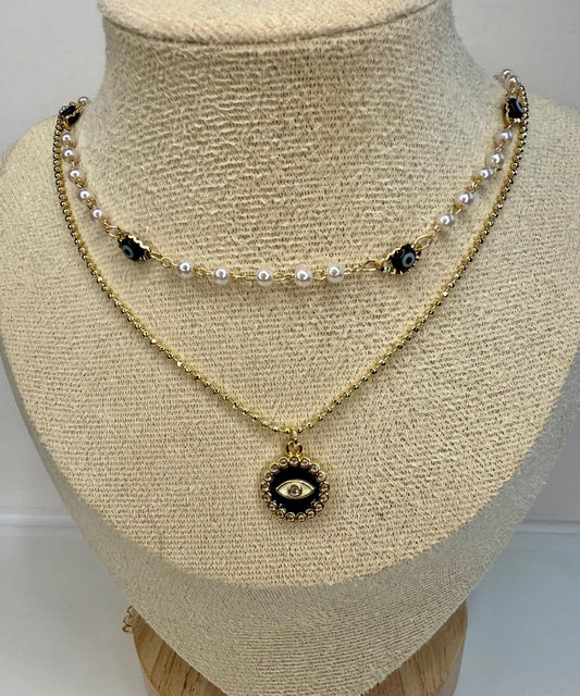 Gargantilla Doble “Perla Protectora” – Ojo Turco Negro