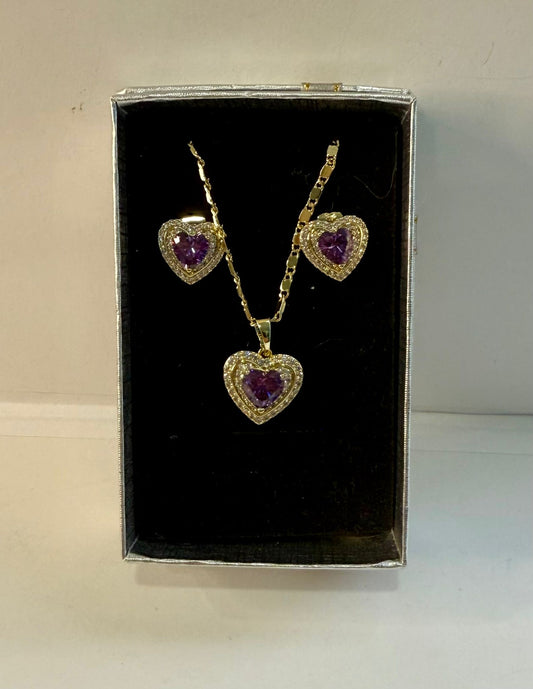 Set Corazón Ametista – Collar y Aretes en Oro Laminado 14k