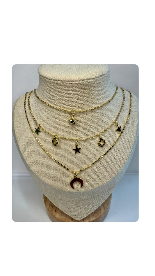 Collar Triple “Cielo Dorado” – Estrellas & Luna