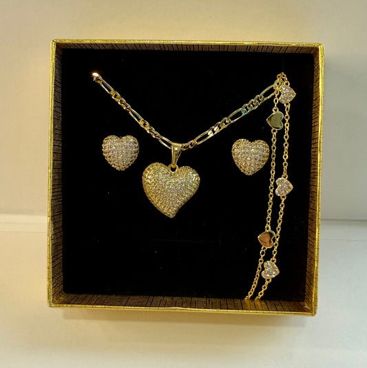 Set Corazón Glam – Collar, Aretes y Pulsera en Oro Laminado 14k
