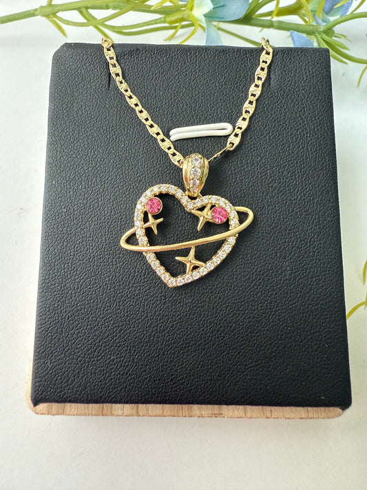 Collar Corazón Galáctico con Circonias Rosadas