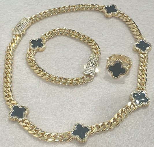 Set trébol negro en oro laminado 14K – Cadena, pulsera y anillo