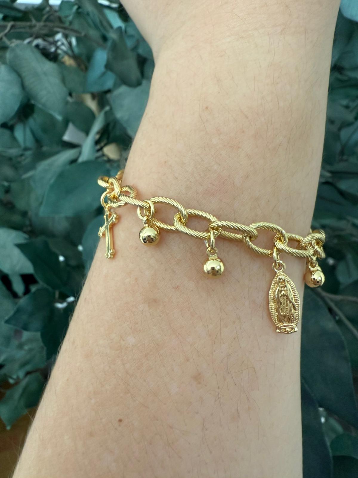 Pulsera ajustable con colgantes de cruz y virgen de Guadalupe